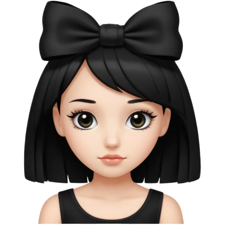 Girl with black cute  cut with a black top and a bow on her head with long lashes emoji