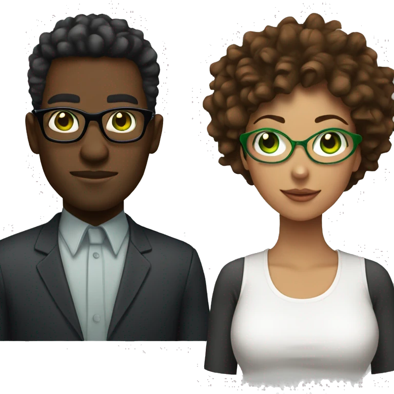 black male with spikey hair and glasses and white female with brown wavy hair , green eyes and glasses emoji