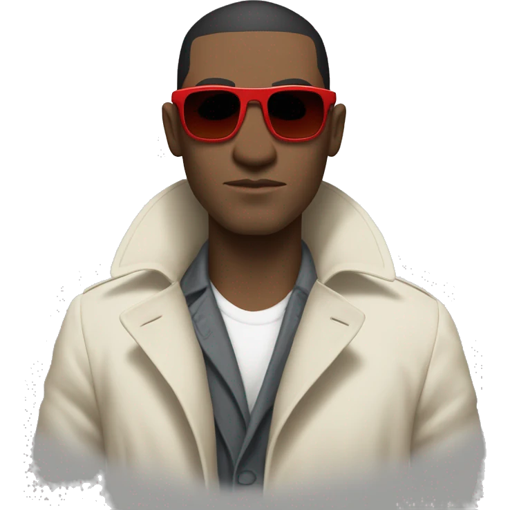 <excerpt>
A white man with real buzz cut Black hair, short mutton shops donning small red tinted sun glasses in a dirty white trench coat, is serious.
</excerpt> emoji