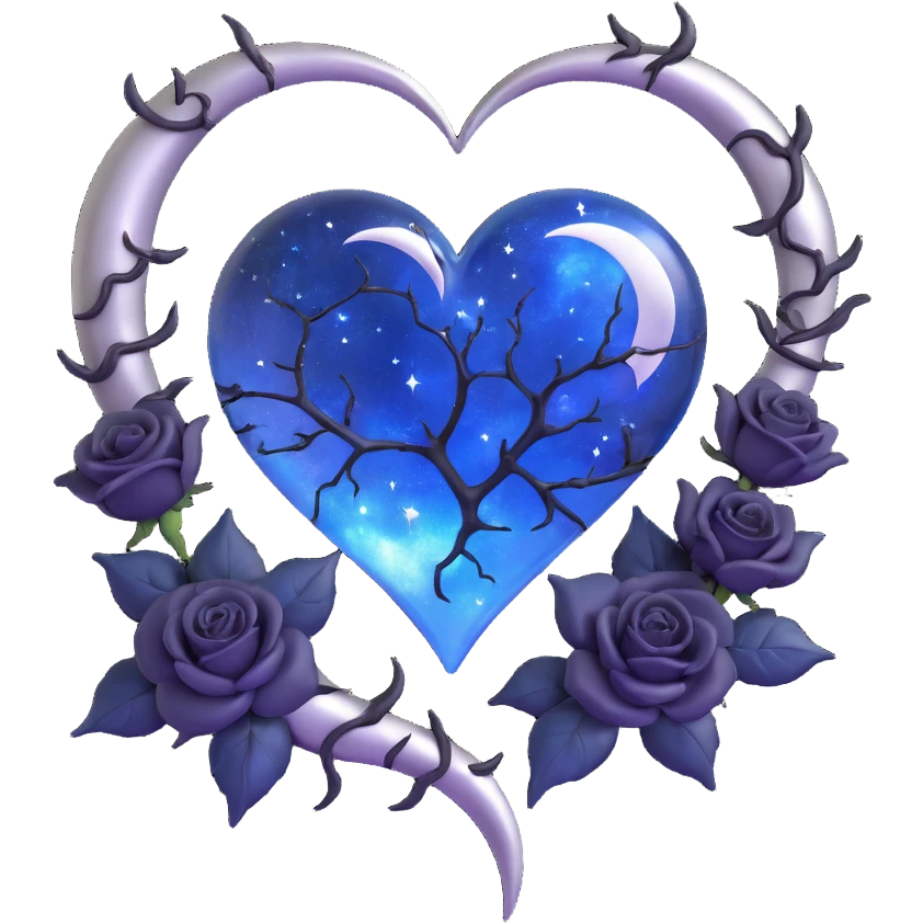 gothic heart, midnight blue glass, silver crescent moon, black roses, stardust, lightning, rain, cracked glass, holographic style emoji