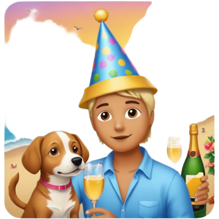 celebration birthday with a dog and watching sunset with many peoples emoji