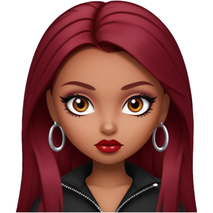 bratz baddie, beautiful eyes dark brown, eyeliner, dark red hair emoji