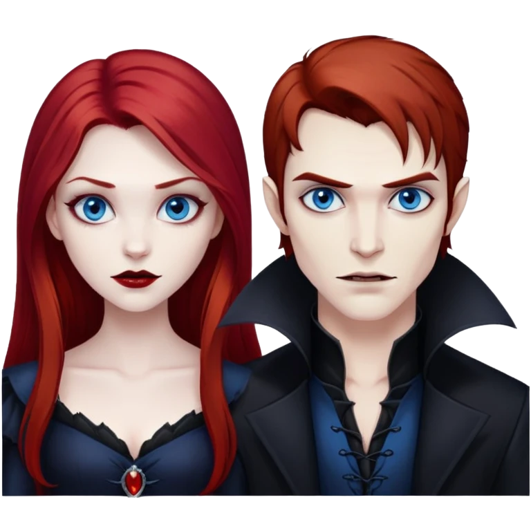 Red hair and blue eyes vampire female with makeup next to long dark haired and brown eyes male vampire emoji
