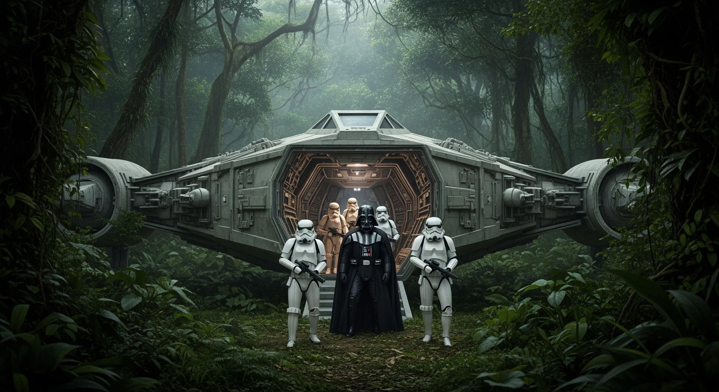 cinematic still, Medium shot, amazon jungle, Darth Vader around stormtroopers coming out from starship on ground, they are exploring the jungle, inspired by StarWars movie, captured by arri alexa emoji