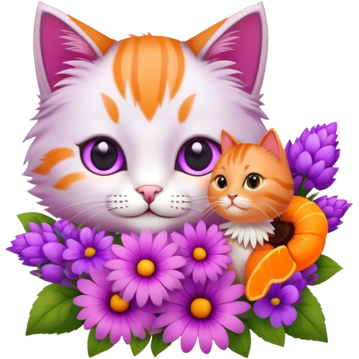 Pink and purple flower bouquet next to a cute cat emoji