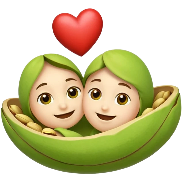 a pistachio and a pistachia with smiling faces, hugging, floating hearts, iOS emoji style emoji