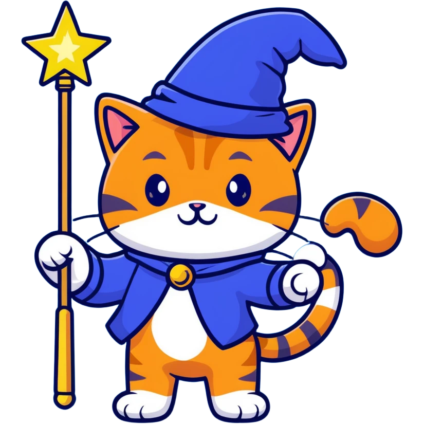 Cute orange tabby cat with a blue wizard hat and a glowing magic wand emoji