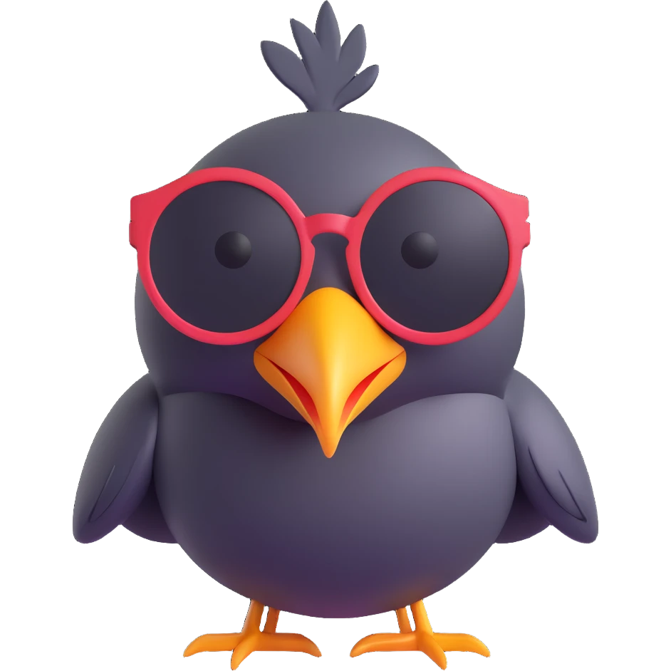 cartoonish 3D emoji of a bird with large round sunglasses emoji