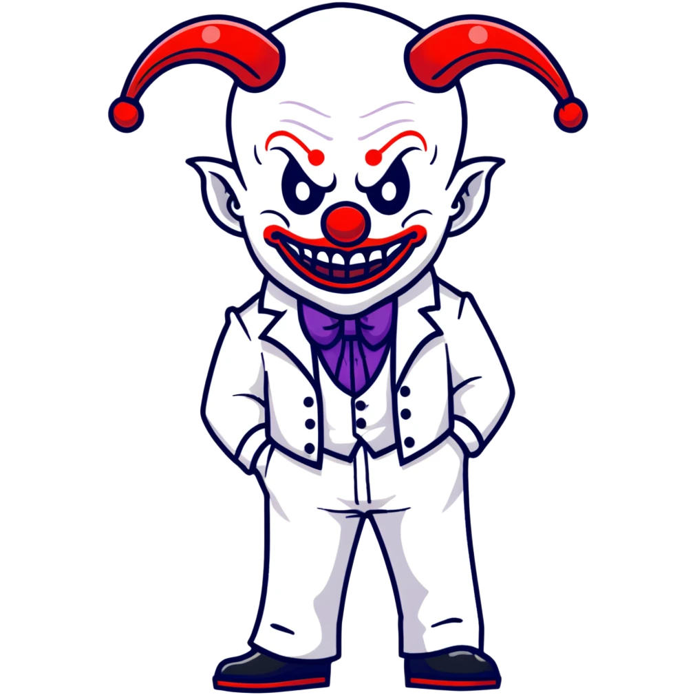full-body demonic clown in a white leisure suit with bellbottom pants, bald, black ram horns, wearing elevator shoes emoji