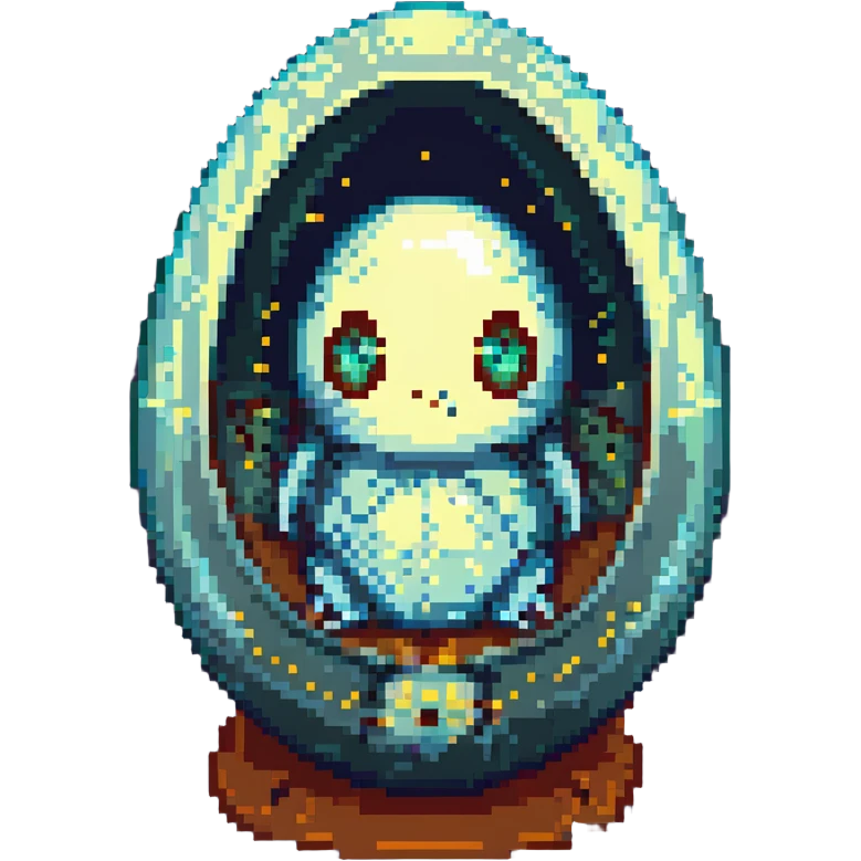 a tiny fetal shape inside of a large glass egg, alien embryo, eerie, tiny glowing eyes emoji