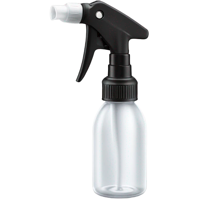 a transparent plastic spray bottle with a long stainless-steel nozzle, a comfortable white handle, and a trigger mechanism. The nozzle is thin and slightly curved at the tip, designed for precise spraying. emoji