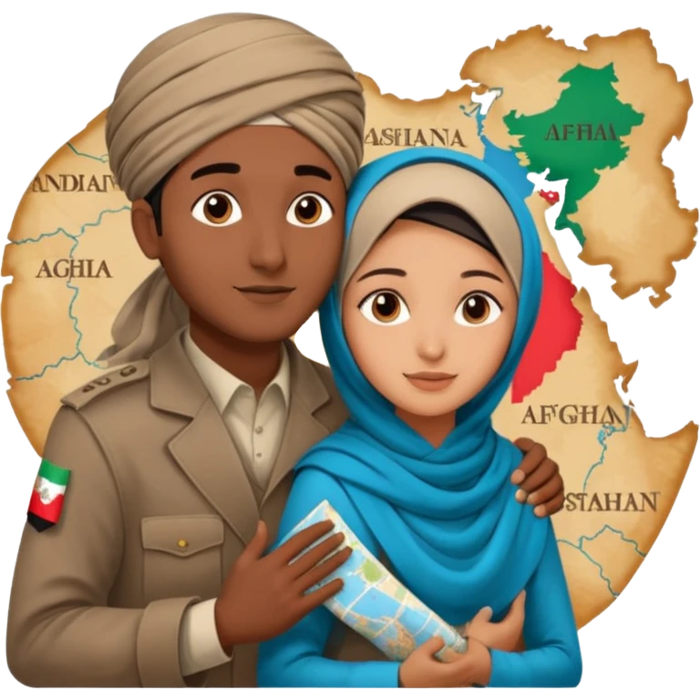 An emotional artistic illustration of an Indian man and an Afghan hijabi girl standing on the maps of India and Afghanistan, symbolically embracing despite the distance, showing love beyond borders. emoji
