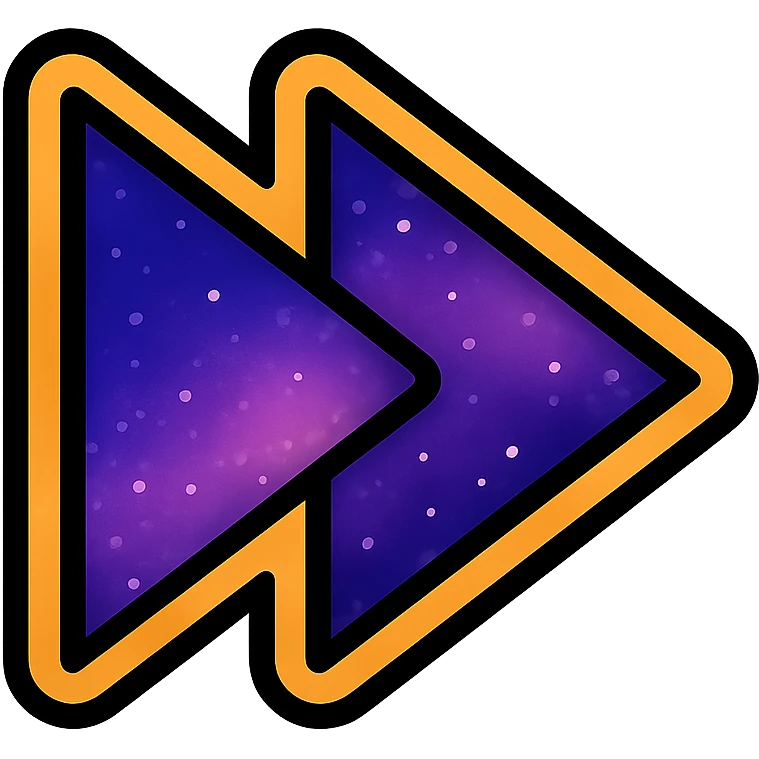 previous song icon, two left-pointing triangles filled with galaxy in purple and pink, neon orange glowing border emoji