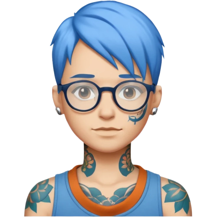 person with blue hair and glasses, tattoo visible emoji