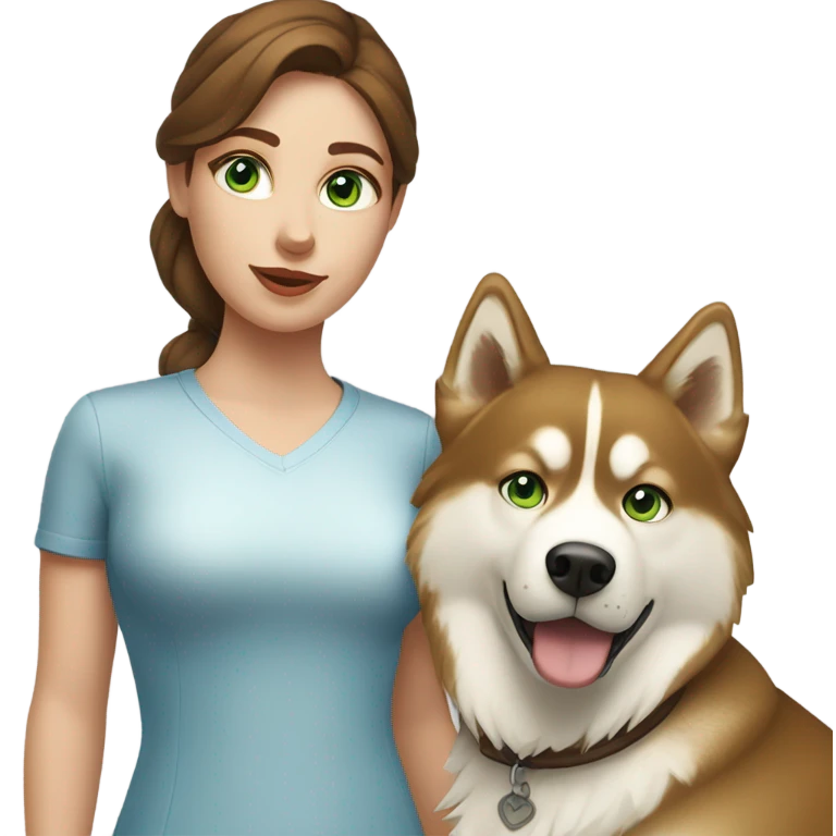 Brown hair  woman with blue eyes with a golden Husky with green eyes emoji