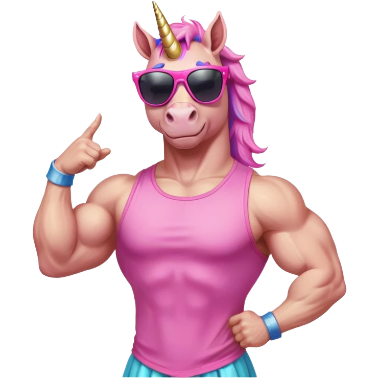 friendly anthropomorphised masculine unicorn with horse-like face, muscular bodybuilder build, in tutu and pink t-shirt, wearing dark sunglasses, standard pose, close-crop head and shoulders portrait emoji