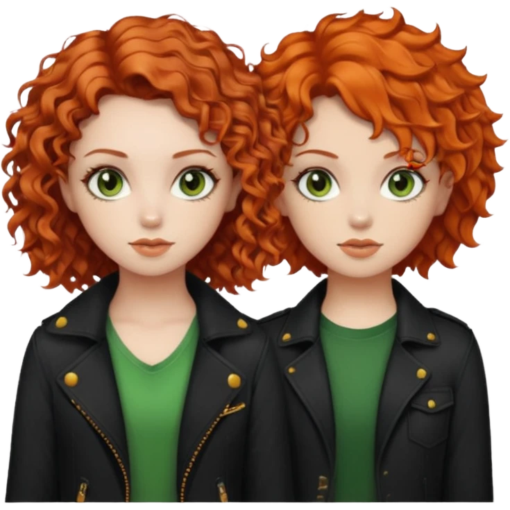 chica de pelo rizado corto rojizo con los ojos verdosos estilo roquera junto a chica de pelo naranja ondulado de ojos castaños linda emoji