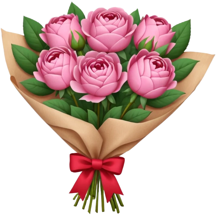 Bouquet of pink flower like rose and peony wrapped in kraft paper with red bow emoji