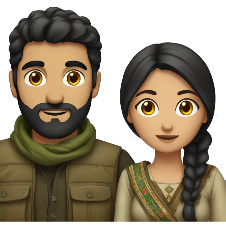 Kurdish couple, olive clothes, mountains, black hair emoji