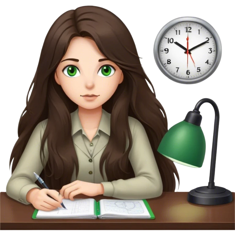 long haired brunette girl with green eyes working at a desk with wall clock at 6pm emoji