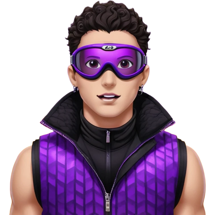 close-up of bad guy male athlete with white skin and moderately curly dark brown hair on top with shaved sides, wearing ski goggles with purple frames and very dark black lenses, a simple plain black chain necklace, and a completely unzipped sleeveless vest with purple and black sequin fire pattern design with no logo, with an extremely arrogant expression sticking his tongue out mockingly, looking menacing and villainous emoji