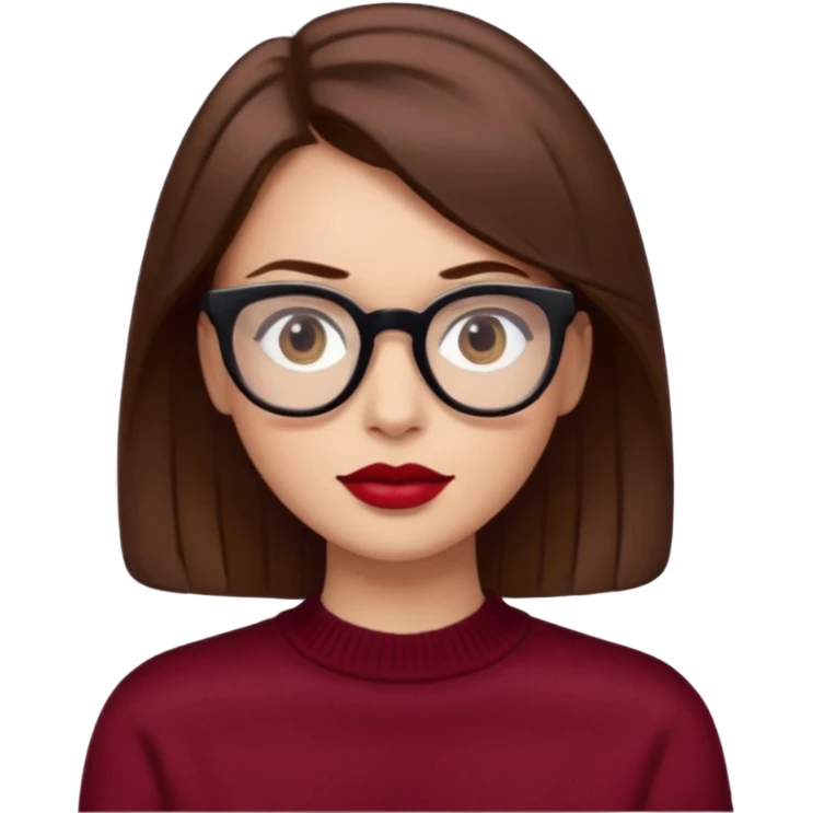părul carre, șaten, ochii căprui, buzele roșii, ochelarii cu ramă neagră și pulover bordo emoji