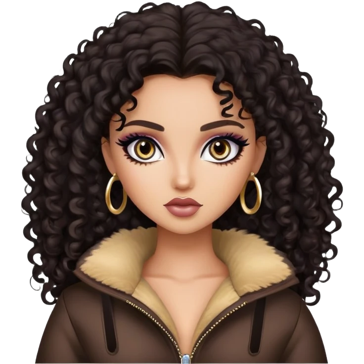 dark curly hair, pretty eyes, pretty makeup, pretty bratz baddie emoji