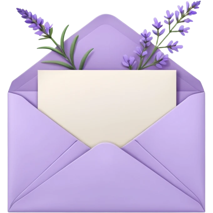 Pastel light whitish purple envelope with some white papers, and lavender flowers laying on top  emoji