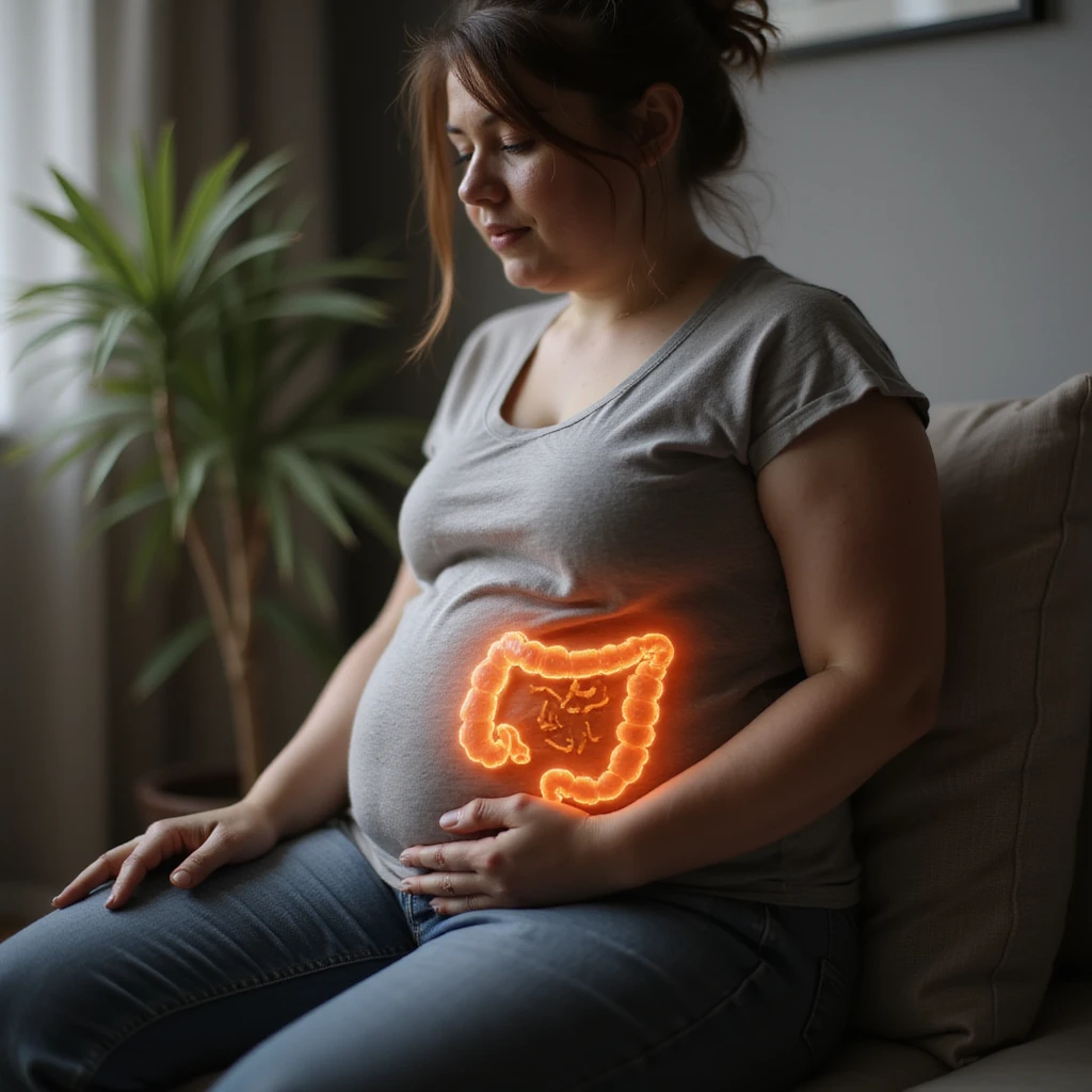 realistic image of a woman sitting with a curved posture, intestinal dysbiosis, visible bloating, intimate atmosphere, realistic details, familiar environment emoji