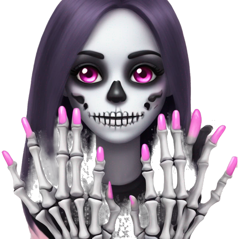 Pretty skeleton 5 fingers hand with pink nails manicure girly design but stylish minimalistic emoji