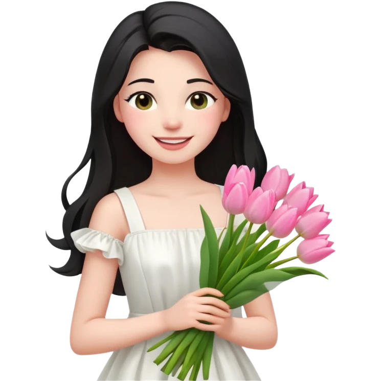  A girl Squint your eyes and smile with a black half-up half-down hairstyle, and a white dress, enjoying the spring breeze.Holding a bundle of pink tulips emoji