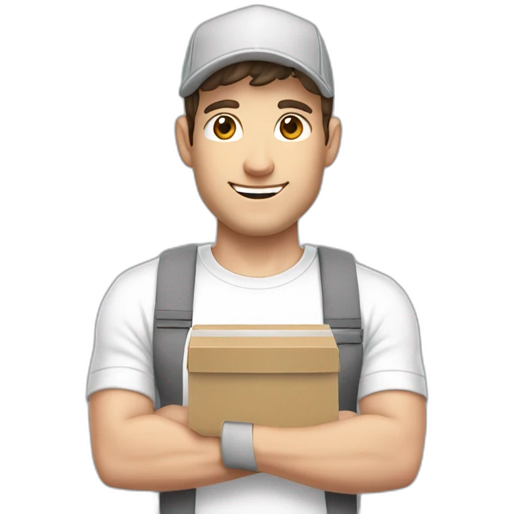 Pale skinned fit Man with dark brown hair in a white cap, gray jeans and gray polo T-shirt keeping a pasted with tape box into his hands emoji