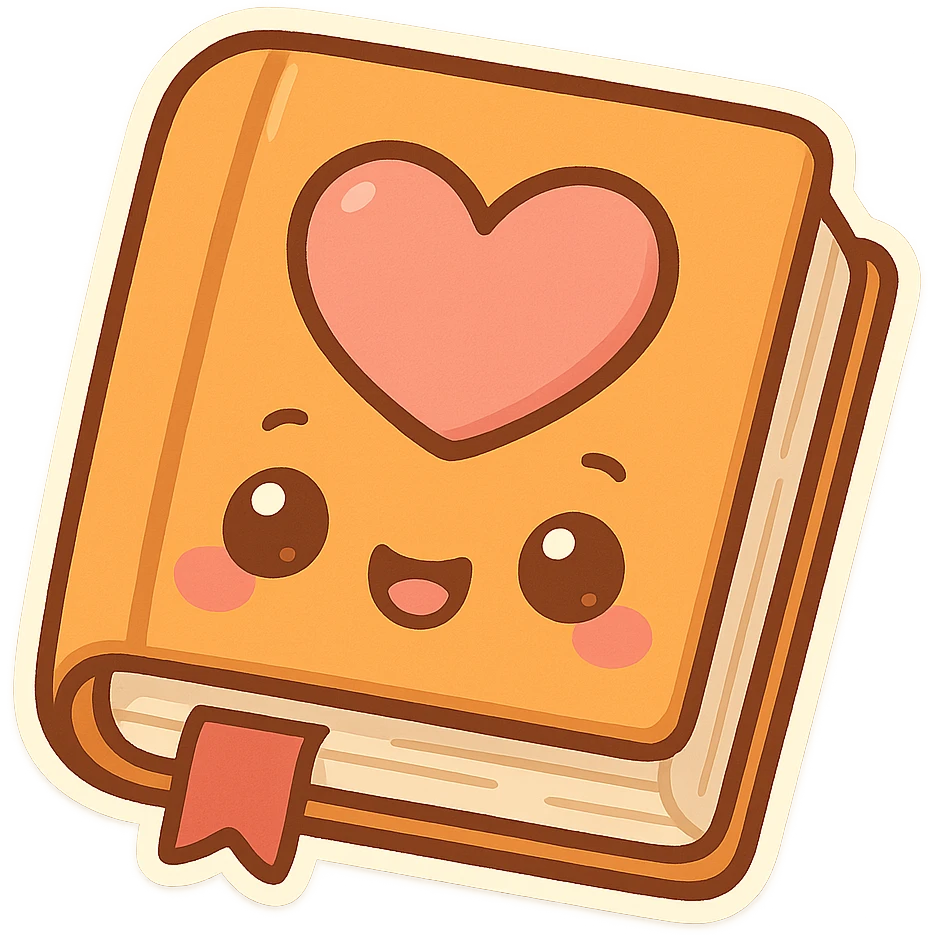 chibi sticker-style book with a big heart, cute and exaggerated emoji
