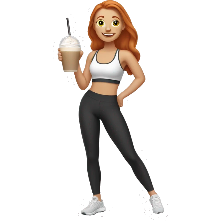 Ginger girl in sports bra and leggings drinking iced latte emoji