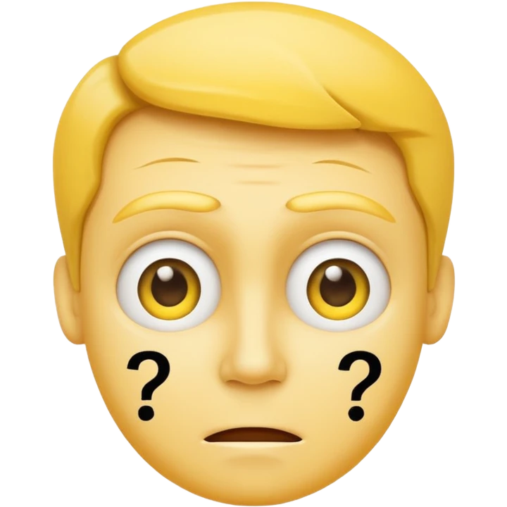 yellow face question mark emoji with furrowed brow, confused smile, two small question marks beside face emoji
