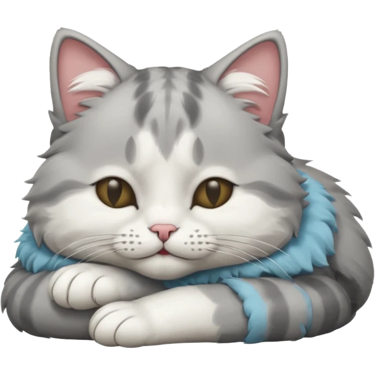 grey and white small cat with eyes closed lying down with its head resting own paw emoji