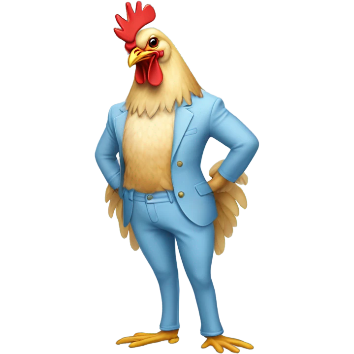 a chicken wearing light blue pants on its skinny legs  emoji
