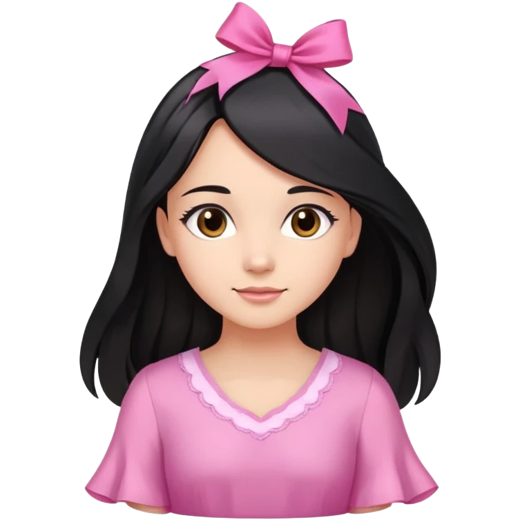 Beautiful girl with very long straight flowing black hair with small waves only at the ends, brown eyes, light skin, slight smile, pink ribbon in hair, and pink dress emoji