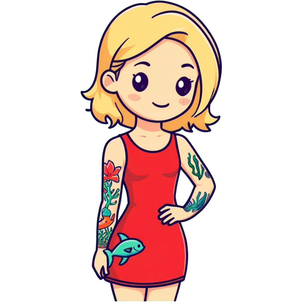 Blonde girl with dark roots wearing a red dress. One arm marine life tattoos emoji