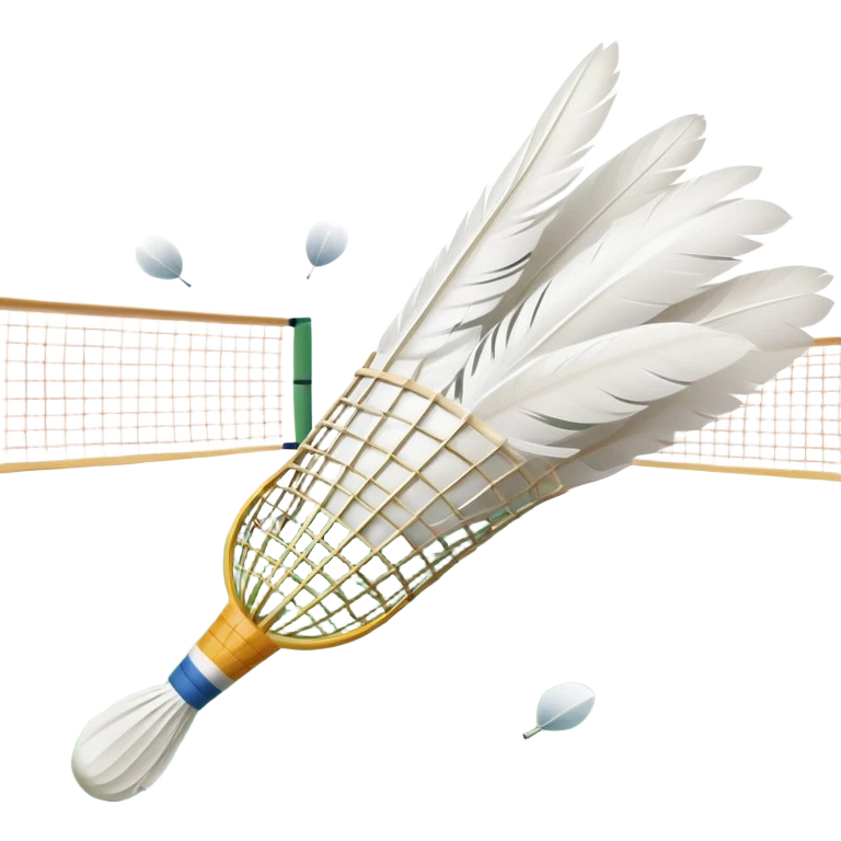 A shuttlecock mid-air above a badminton court, with its feathers spread wide and the background showing a faint outline of a net. The image emphasizes motion and lightness, symbolizing the speed and precision of the sport without players in sight emoji