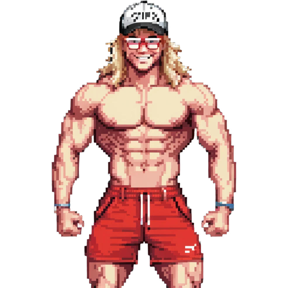 Man with black and white cap with VANOMAS text, bare torso, red shorts, clear glasses, messy light blond mullet hairstyle, smiling and flexing muscles emoji