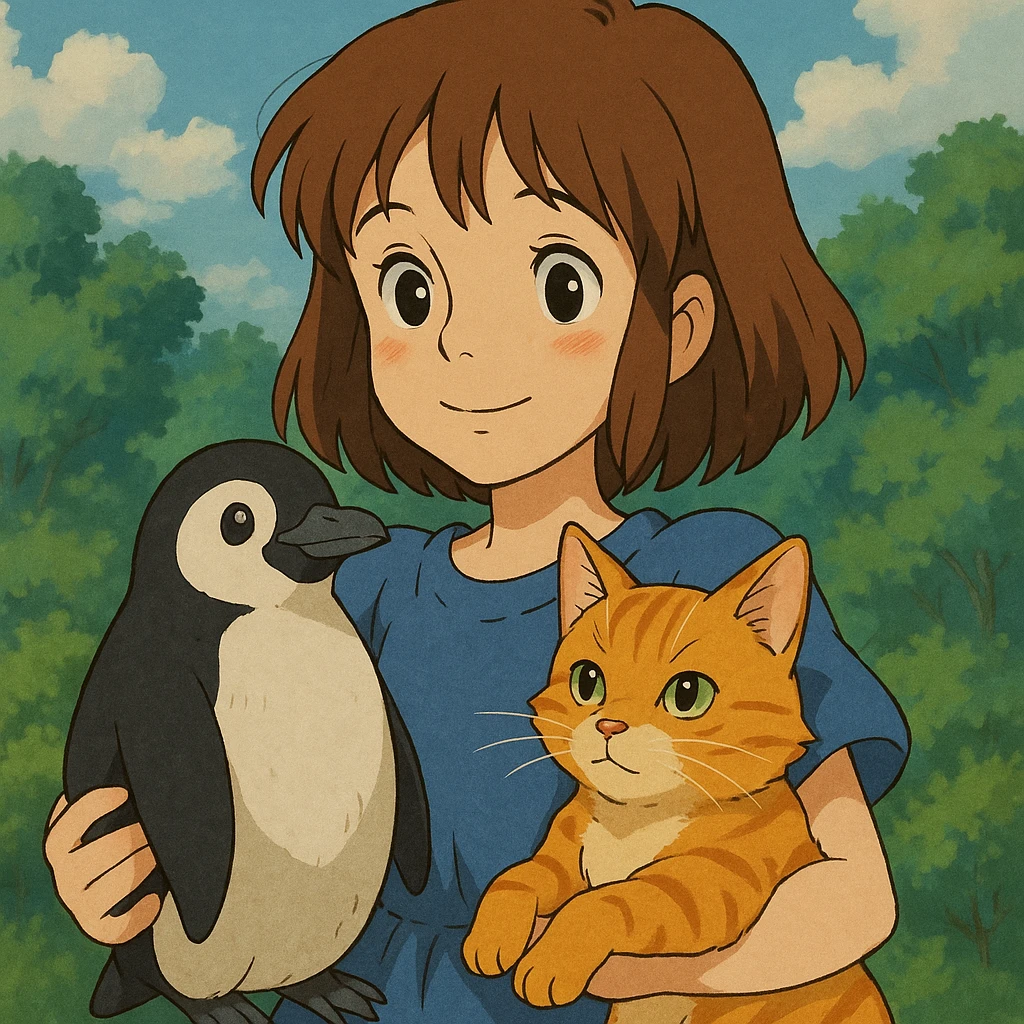 a girl holding a penguin and a cat, ghibli style emoji