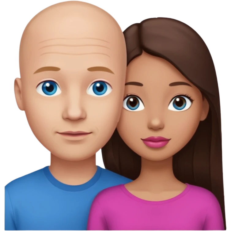 Bald white man blue eyes in love with Filipina woman with long hair dark brown eyes and pink lips emoji