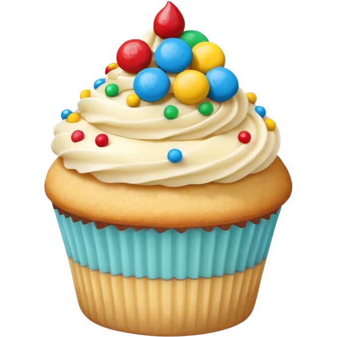 a soft vanilla cupcake with creamy frosting, decorated with scattered small, round, brightly colored candy-coated chocolates on top emoji