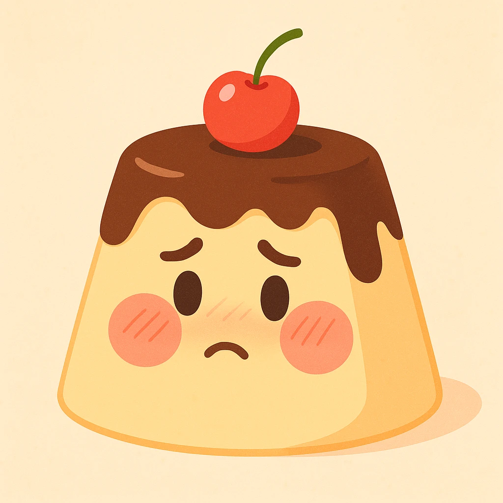 shy pudding with blushing cheeks, cherry on top, creamy soft background, pastel toon style emoji