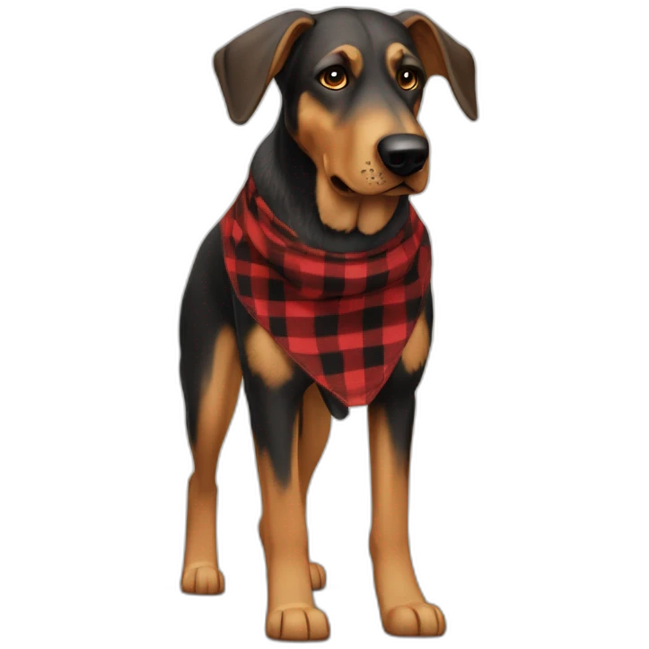 adult 75% Coonhound 25% German Shepherd mix dog with visible tail wearing small pointed red buffalo plaid bandana full body walking left quickly emoji
