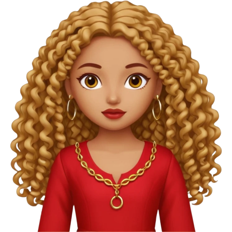 generate a pretty bratz girl with a red kurti, long curly hair, hoops emoji