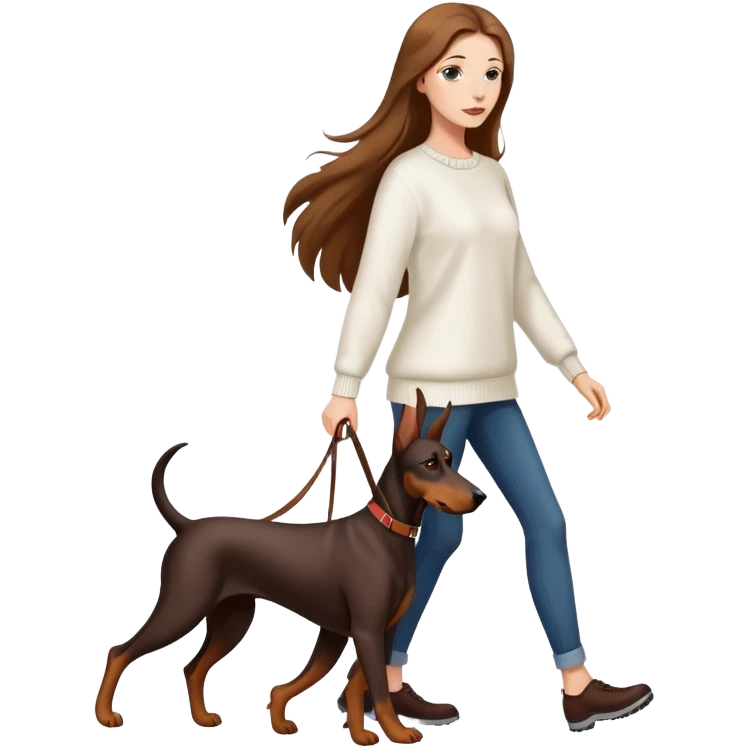 A beautiful long-haired white woman wearing a white sweater walking a Doberman emoji