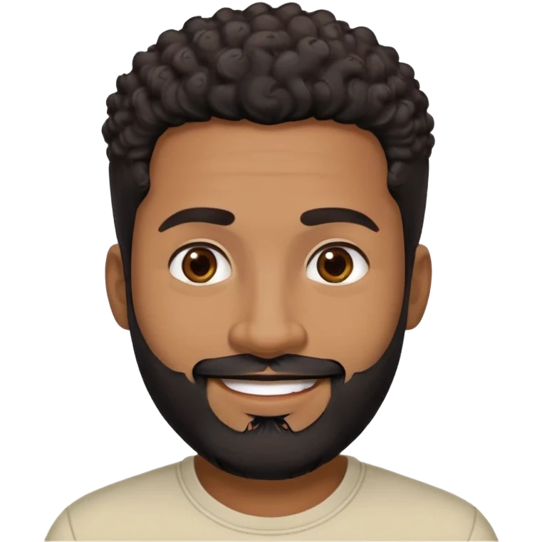 Caribbean man in his early 40s with medium brown complexion. Round friendly face. Energetic expression with wide smile. Cheerful dark eyes. Thick eyebrows. Wide nose. Well-groomed full black beard. Short curly black hair with faded sides. Wearing a cream colored casual shirt. emoji