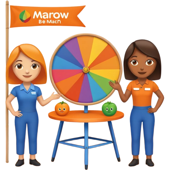 emoji of a recruitment booth. Two cartoon figures stand behind an orange table with 'MARROW, be a match' branding, a colorful spinning wheel, and a branded vertical banner. Simplified and cute emoji